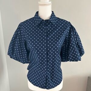 Navy Blue with French blue Polka Dot Women's blouse balloon sleeves